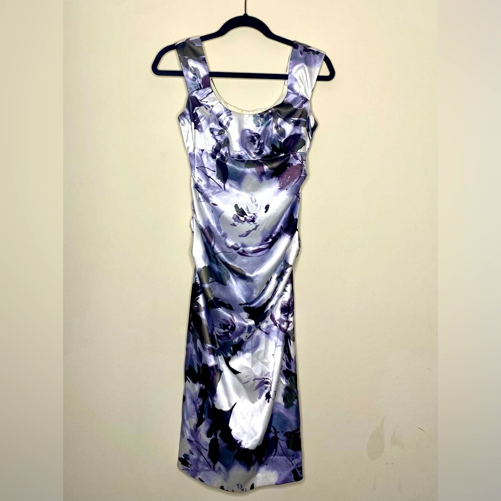 London Times Ruched Floral (Purple, Silver & Black) Dress